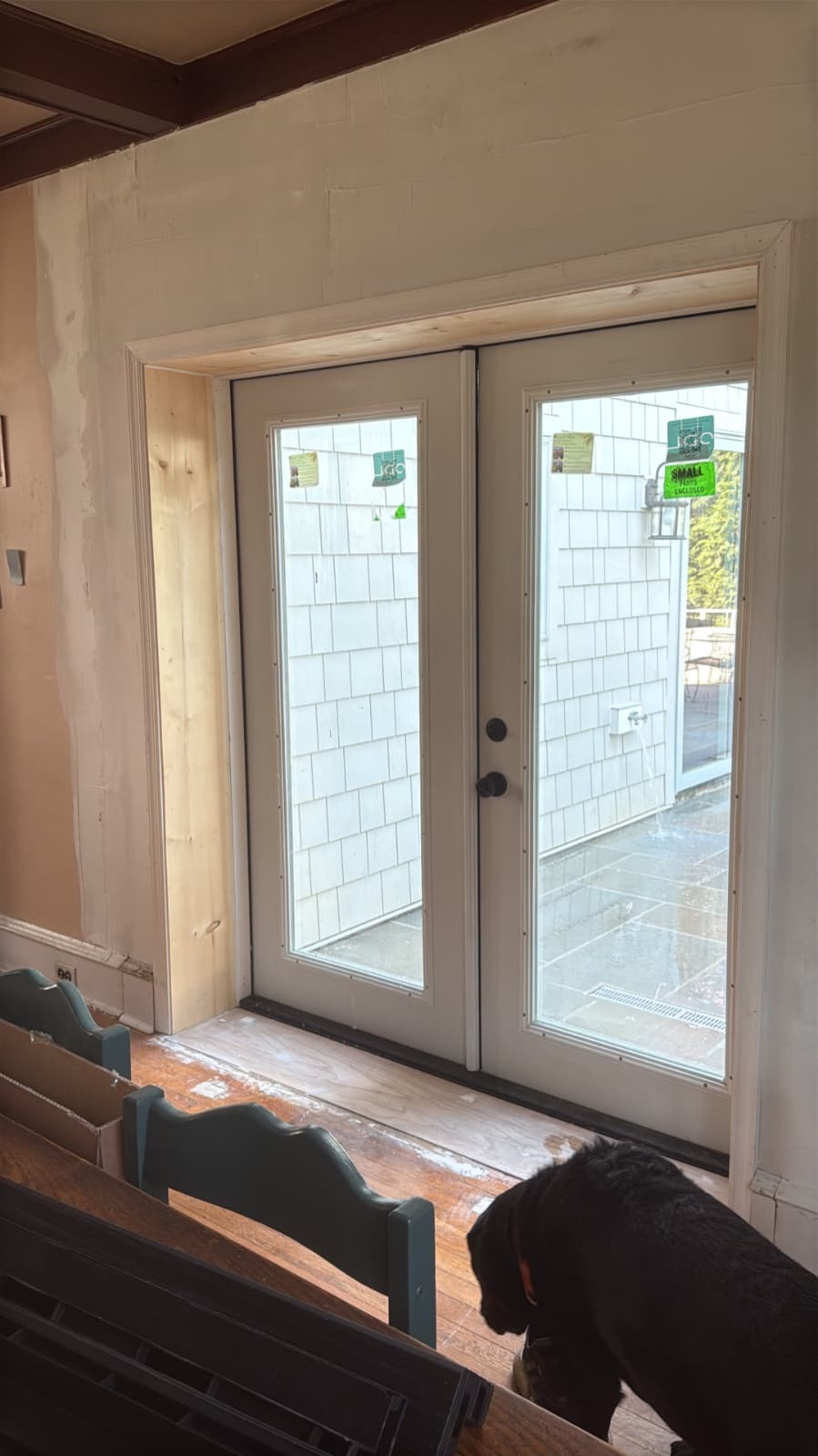 Interior view of the newly installed French doors