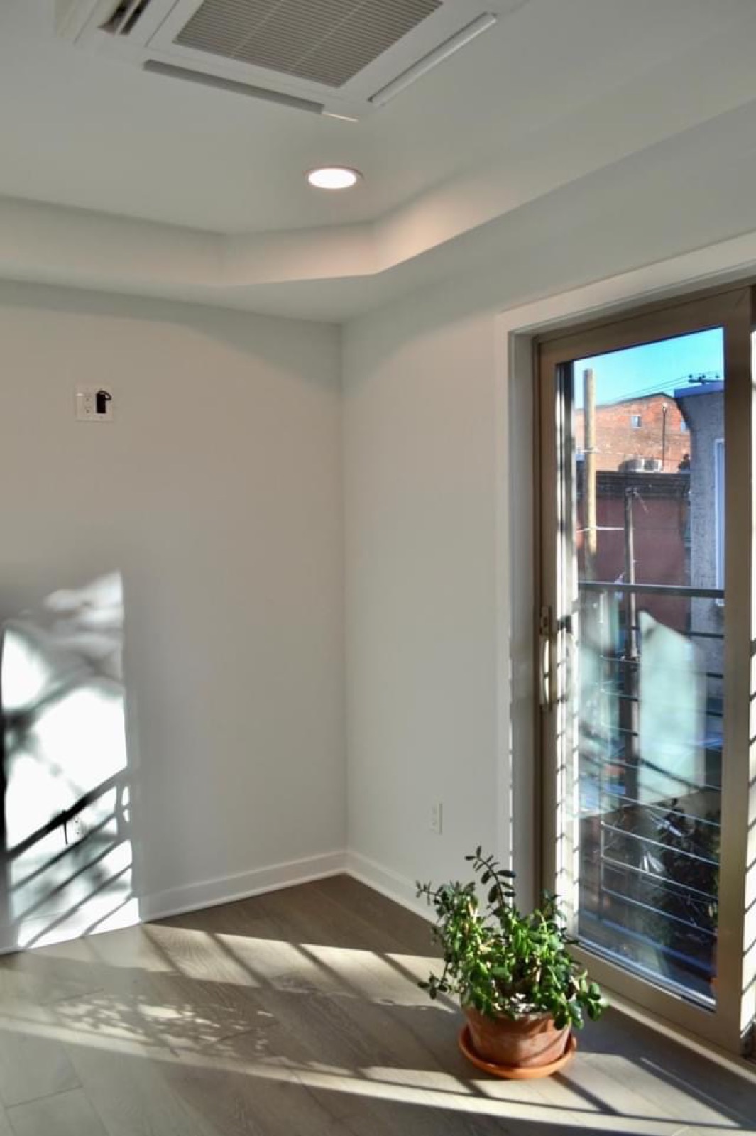 Sunlit corner room with balcony glass door and tray ceiling