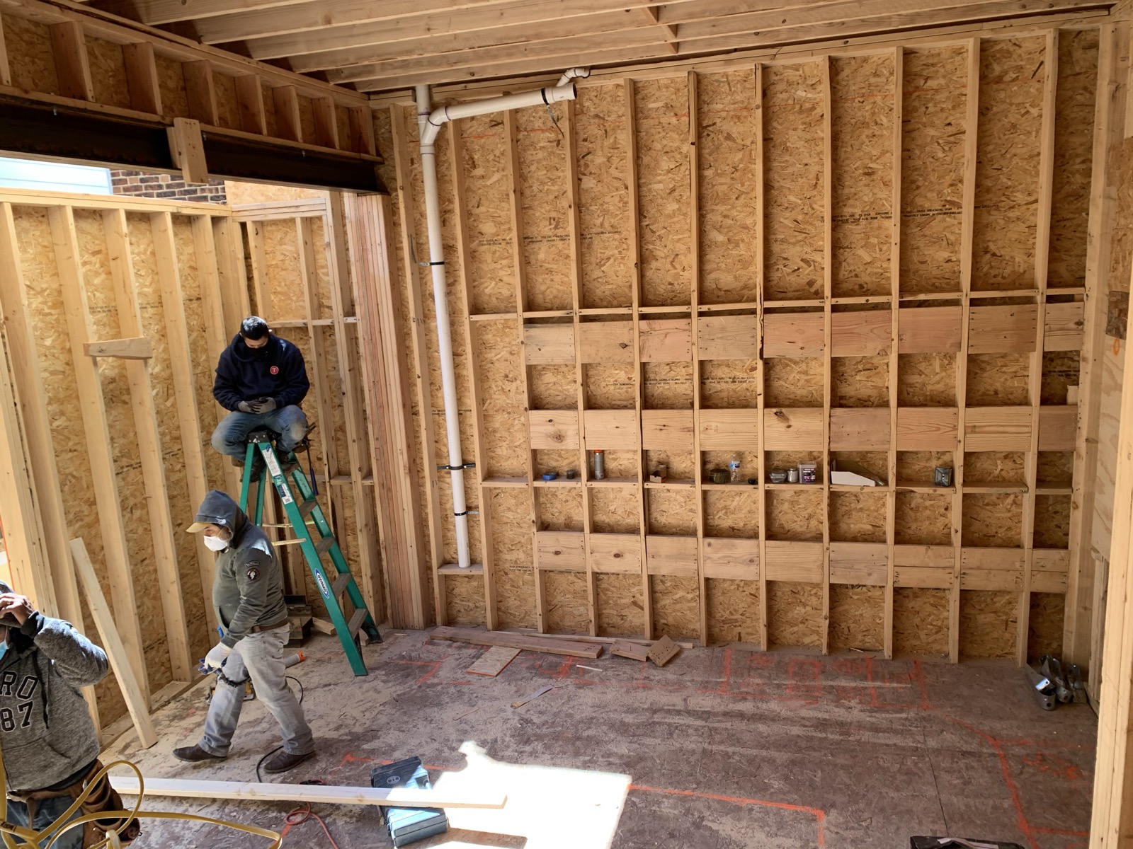 Interior stud and OSB framing with blocking